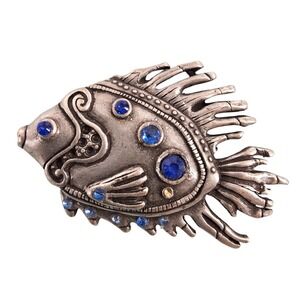 Silver Tone Blue Rhinestone Articulated Fish Statement Brooch Pin 3"
